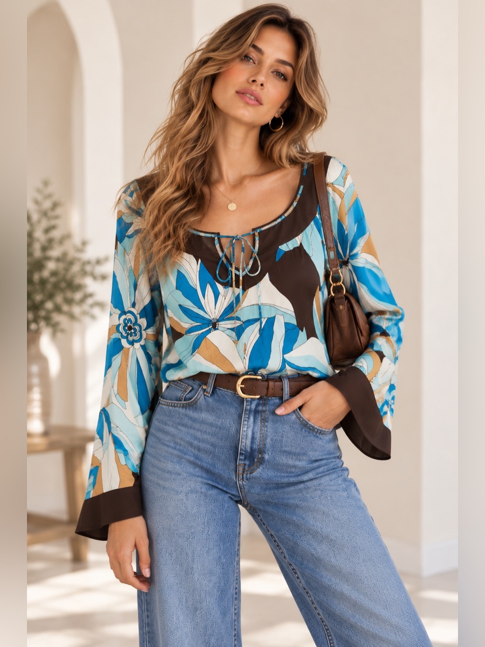 Arden B NWT Blue and Brown Floral Scoop-Neck Tie-Front Top